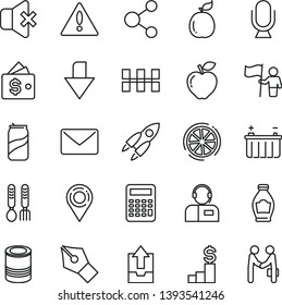 thin line vector icon set - warning vector, downward direction, upload archive data, iron fork spoons, ceramic tiles, microphone, no sound, operator, tin, soda can, bottle, red apple, slice of lemon