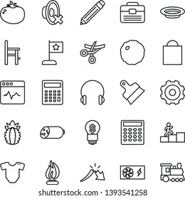 thin line vector icon set - truck lorry vector, graphite pencil, paper bag, silent mode, calculator, t short, a chair for feeding, portfolio, putty knife, headphones, cardiogram, sausage, plate