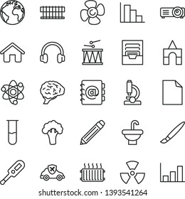 thin line vector icon set - tassel vector, sign of the planet, graphite pencil, clean sheet paper, positive histogram, archive, electronic thermometer e, box bricks, drumroll, house, washbasin, atom