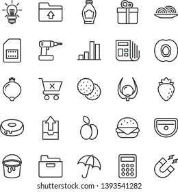 thin line vector icon set - upload archive data vector, folder, cordless drill, paint bucket, sink, umbrella, crossed cart, gift, big burger, onion, cake with a hole, apple, biscuit, bottle, medlar