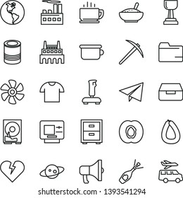 thin line vector icon set - paper airplane vector, folder, bedside table, children's potty, broken heart, drawer, T shirt, coffee, megaphone, stick of sausage, tin, a bowl rice porridge, factory