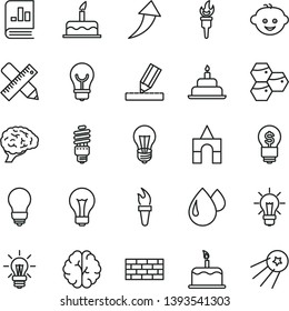 thin line vector icon set - matte light bulb vector, children's hairdo, box of bricks, cake, birthday, brickwork, writing accessories, drawing, honeycombs, drop, energy saving, book on statistics