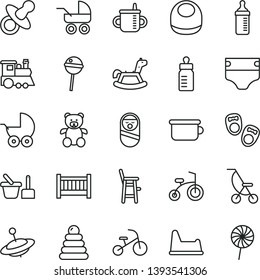 thin line vector icon set - baby cot vector, dummy, mug for feeding, bottle, measuring, diaper, bib, stroller, carriage, summer, stacking rings, roly poly doll, toy sand set, children's potty, chair