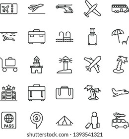 thin line vector icon set - suitcase vector, case, passport, coastal lighthouse, sand castle, helicopter, dollar pin, plane, bus, passenger, rolling, ticket, departure, tent, beach, palm tree, pool