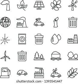thin line vector icon set - bin vector, dust, apple stub, solar panel, leaves, gas station, windmill, wind energy, manufacture, factory, oil, trees, forest, industrial building, thermal power plant