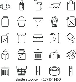 thin line vector icon set - wicker pot vector, bin, mug for feeding, measuring cup, bottle, baby powder, e, packing of juice with a straw, bucket, dust, drawer, package, unpacking, canned goods, jam