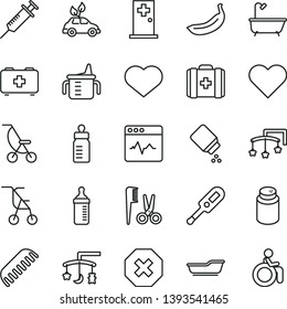 thin line vector icon set - heart symbol vector, mark of injury, toys over the cradle, cot, measuring cup for feeding, bottle, powder, baby, summer stroller, sitting, electronic thermometer e, bath