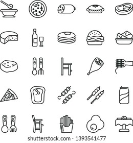 thin line vector icon set - plates and spoons vector, a chair for feeding, child, plastic fork, iron, sausage, cheese, pizza, piece of, burger, noodles, pie, lettuce in plate, grill chicken leg, egg