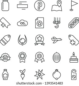 thin line vector icon set - add bookmark vector, minus, label, pennant, question, winch hook, Hot Dog, birthday cake, bottle, medlar, melon, physalis, radish, CO2, jar, sale, medal, bang, map