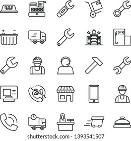 thin line vector icon set - repair key vector, builder, hammer, smartphone, delivery, 24, shipment, modern gas station, battery, steel, kiosk, operator, phone call, urgent cargo, Express, taxi, atm