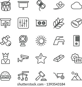 thin line vector icon set - hammer of a judge vector, toys over the cradle, drum, building trolley, hawser, faucet mixer, star, globe, regulator, burger, coffee beans, presentation, pc tower, cloud