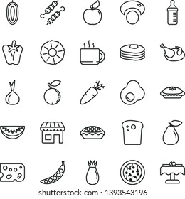 thin line vector icon set - measuring bottle for feeding vector, piece of cheese, Easter cake, pizza, pie, apple, chicken, meat on skewers, peper, carrot, cup tea, fried egg, pancakes, pear, apricot