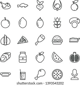 thin line vector icon set - piece of pizza vector, mini hot dog, burger, cake slice, chicken, leg, thigh, sushi, small fish, a glass soda, jar jam, orange, mint, half pomegranate, red apple, lime