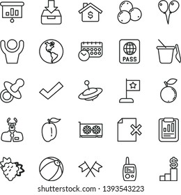 thin line vector icon set - check mark vector, dummy, baby bath ball, toy mobile phone, children's sand set, yule, colored air balloons, passport, put in a box, delete page, branch of grape