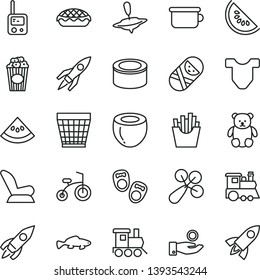 thin line vector icon set - wicker pot vector, Child T shirt, baby rattle, car seat, tumbler, toy phone, children's potty, small teddy bear, train, yule, bicycle, shoes for little children, fish