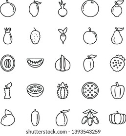 thin line vector icon set - beet vector, strawberries, quince, rose hip, mulberry, mango, loquat, goji berry, half melon, water slice, date fruit, tangerine, ripe plum, tasty, yellow lemon, guava