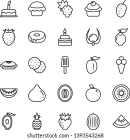 thin line vector icon set - cake vector, muffin, birthday, with a hole, pie, popsicle, cone, pineapple, biscuit, grape, quince, strawberry, fig, tasty raspberry, mulberry, melon, half of mango, kiwi