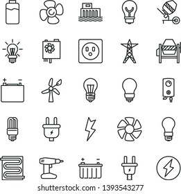 thin line vector icon set - concrete mixer vector, drill, bulb, lightning, heating coil, boiler, fan screw, charge level, wind energy, accumulator, battery, light, hydroelectric station, power line