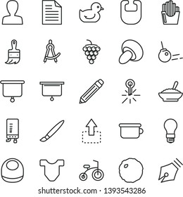 thin line vector icon set - tassel vector, graphite pencil, scribbled paper, woman, bib, baby, Child T shirt, duckling, children's potty, bicycle, wooden paint brush, electronic boiler, core