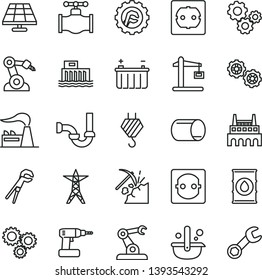thin line vector icon set - hook vector, gears, adjustable wrench, cordless drill, sewerage, power socket type f, star gear, solar panel, coal mining, valve, factory, oil, battery, line, industrial