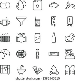 thin line vector icon set - mug for feeding vector, baby duckling, washbasin, construction level, boiler, electronic, umbrella, fish, a glass of soda, tea, can, bottle, valve, canister oil, drop