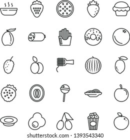 thin line vector icon set - sausage vector, slices of onion, noodles, cake, glazed with a hole, hot porridge, plate milk, Chupa Chups, fried potato, cup popcorn, egg, strawberry, strawberries, apple