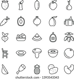 thin line vector icon set - measuring cup for feeding vector, a chair child, mushroom, lettuce in plate, of milk, chicken thigh, garlic, carrot, orange, red apple, medlar, tasty raspberry, loquat