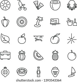 thin line vector icon set - summer stroller vector, toy sand set, suitcase, bottle of soda, strawberry, ripe peach, apricot, half medlar, slice water melon, tasty plum, kiwi, coconut, pineapple