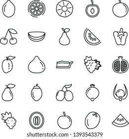thin line vector icon set - cake slice vector, peper, pear, cherry, half pomegranate, grape, branch of, fig, medlar, tasty cornels, water melon, tangerine, ripe plum, lime, tamarillo, lemon