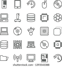 thin line vector icon set - laptop vector, monitor window, CD, big data, copy, smd, processor, computer, tablet pc, notebook, fan, radiator, mouse, tower, motherboard, cpu, usb, folder, wireless