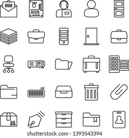 thin line vector icon set - bin vector, folder, bookmark, storage unit, ntrance door, interroom, city block, received letter, case, pile, suitcase, drawer, cardboard box, operator, clip, briefcase