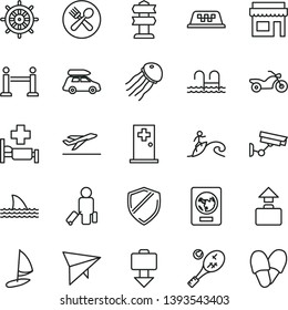 thin line vector icon set - car baggage vector, taxi, hang glider, motorcycle, rope barrier, passenger, passport, getting, departure, pool, hospital bed, medical room, cafe, surfing, tennis, shield