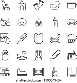 thin line vector icon set - baby cot vector, measuring cup for feeding, bottle, powder, bib, summer stroller, electronic thermometer e, mercury, duckling, rainy cloud, motor vehicle, toy phone