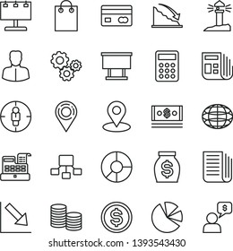 thin line vector icon set - negative chart vector, coastal lighthouse, billboard with illumination, location, geolocation, woman, goal, gears, globe, reverse side of a bank card, coins, recession