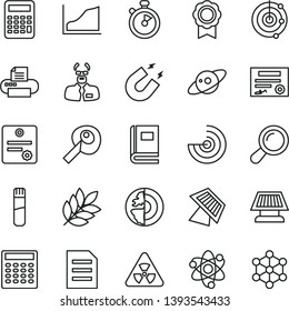 thin line vector icon set - printer vector, file, test tube, atom, nuclear, zoom, book, magnet, scientist, calculator, artifical insimination, growth graph, radar, earth core, medal, sun panel