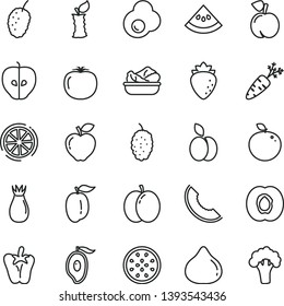 thin line vector icon set - lettuce in a plate vector, peper, fried egg, apple, peach, half apricot, red, tasty, raspberry, rose hip, fig, mulberry, slice of melon, mango, ripe plum, passion fruit