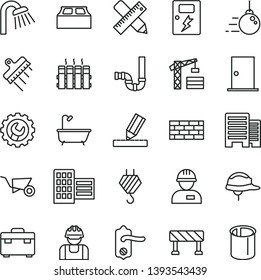 thin line vector icon set - tower crane vector, workman, brickwork, hook, big core, building trolley, suitcase, bath, shower, siphon, door knob, ntrance, buildings, city block, writing accessories