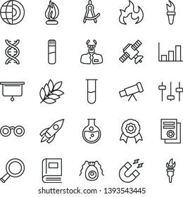 thin line vector icon set - round flask vector, rocket, scientific publication, test tube, telescope, glasses, zoom, dna, settings, satellite, bactery, book, magnet, flame, scientist, growth graph
