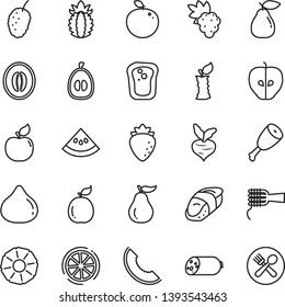 thin line vector icon set - sausage vector, noodles, chicken thigh, sushi, sandwich, grape, pear, apricot, tasty apple, raspberry, fig, mulberry, slice of melon, half, loquat, delicious, lemon, stub