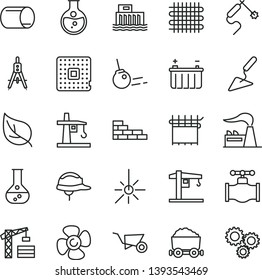 thin line vector icon set - crane vector, tower, brick wall, building trolley, trowel, helmet, core, fan screw, leaf, round flask, valve, factory, battery, hydroelectric station, cloth industry