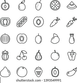 thin line vector icon set - Hot Dog vector, peper, carrot, strawberry, cherry, half apricot, plum, rose hip, fig, tasty mulberry, water melon, delicious, passion fruit, yellow lemon, of, guava, part