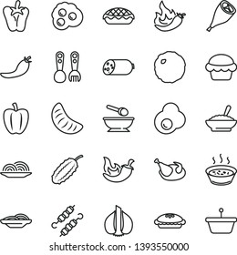 thin line vector icon set - deep plate with a spoon vector, plastic fork spoons, sausage, onion, slices of, cake, pie, apple, bowl buckwheat porridge, in saucepan, chicken, grill leg, cabbage, chili