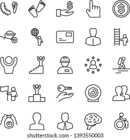 thin line vector icon set - woman vector, women, children's tracks, workman, garden trolley, employee, index finger, pass card, lens, dollar, get a wage, brain, bactery, winner podium, stairway