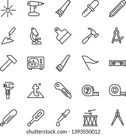 thin line vector icon set - graphite pencil vector, wind direction indicator, electronic thermometer e, mercury, drumroll, building trowel, drill, hand saw, arm, measuring tape, long meashuring