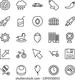 thin line vector icon set - clock face vector, remove label, growth chart, baby bib, rainy cloud, e, small rocking horse, balloon, child bicycle, building trolley, concrete mixer, buildings, gear