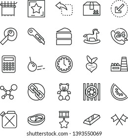 thin line vector icon set - clock face vector, spectacles, teddy bear, small rocking horse, stationery knife, core, left bottom arrow, cardboard box, 24, move, piece of cake, bacon, beet, canister