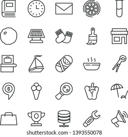 thin line vector icon set - envelope vector, warm socks, tumbler, adjustable wrench, wooden paint brush, big data server, hot porridge, cabbage, peper, cone, slice of lemon, steel repair key, book