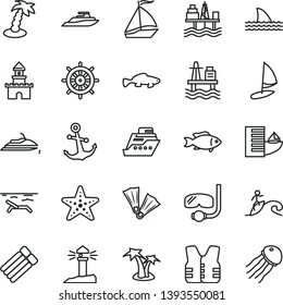 thin line vector icon set - anchor vector, small fish, sea port, commercial seaport, coastal lighthouse, sand castle, sail boat, hotel, beach, palm tree, starfish, flippers, diving mask, surfing