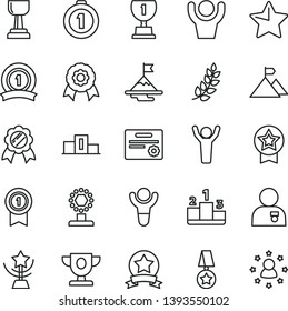 thin line vector icon set - star vector, pedestal, medal, winner, laurel branch, prize, award, cup, gold, man hands up, with, motivation, mountain flag, first place, pennant, ribbon, certificate