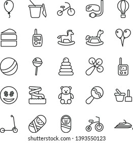 thin line vector icon set - beanbag vector, baby rattle, bath ball, stacking rings, roly poly doll, tumbler, toy phone, mobile, sand set, children's, small teddy bear, rocking horse, balloon